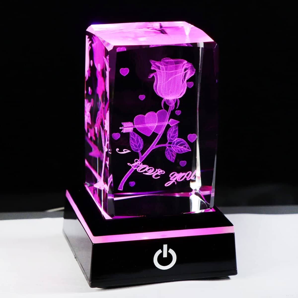 Crystal Engraved 3D Rose with I Love You Keepsake with Led Light Base, Gift for Boyfriend or Girlfriend, Unique Valentines Romantic Gifts for Her