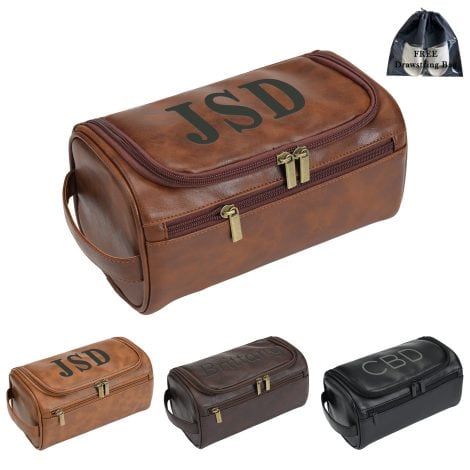 Custom Monogram Leather Dopp Kit for Men – Ideal Groomsmen or Anniversary Gift, with convenient side handle.