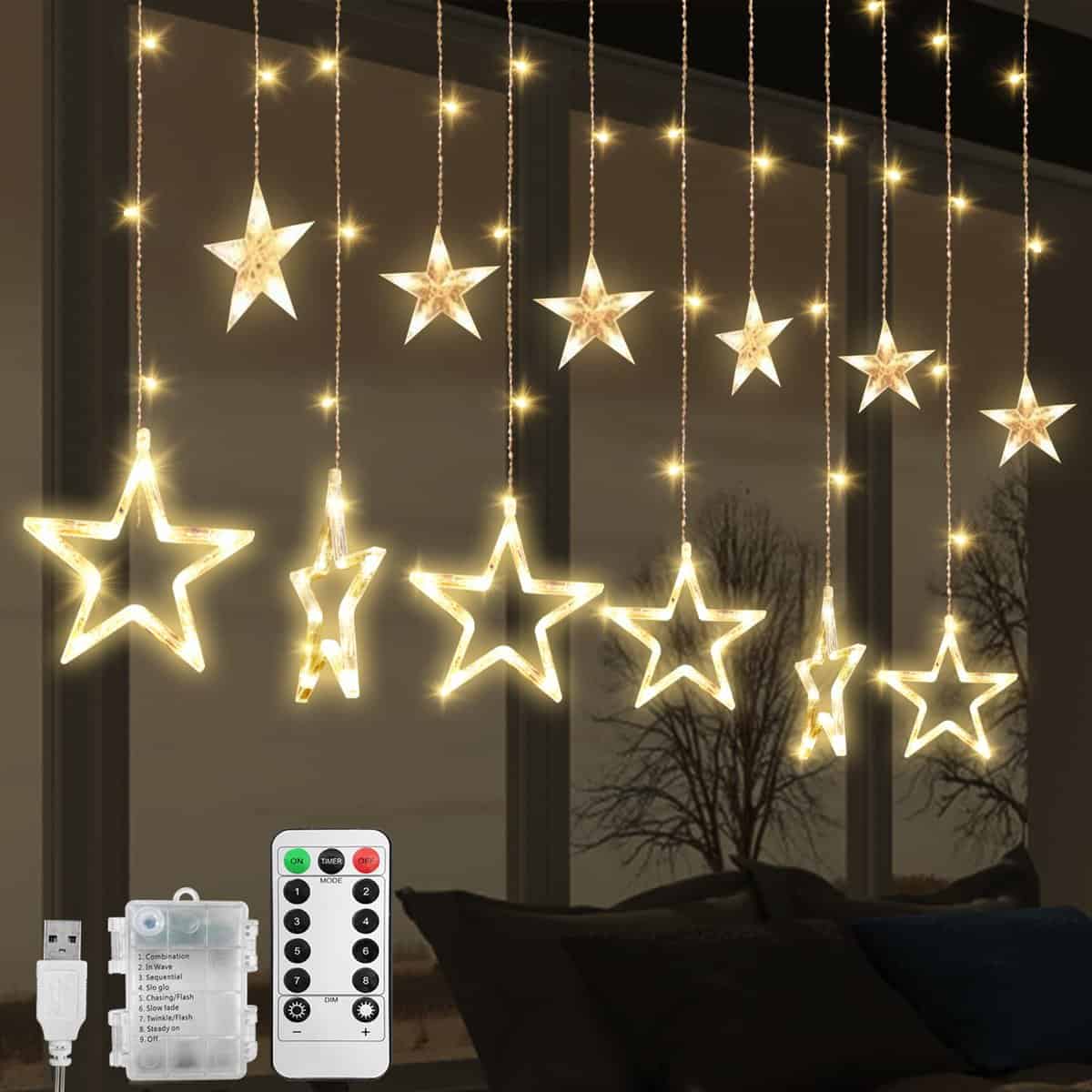 Jsdoin LED Stars Curtain Lights,12 Stars 138 Window Curtain String Lights with 8 Flashing Modes Decoration for Christmas, Wedding, Party,Wall, Home Decorations,USB/Battery Powered (Warm White)