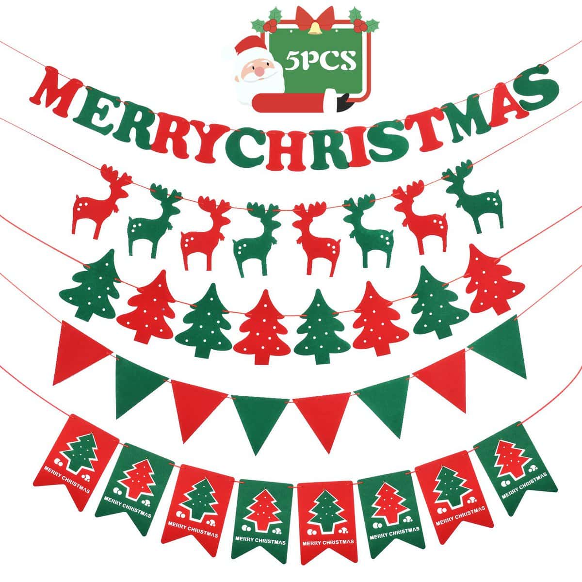 Merry Christmas Banner Garland Christmas Banners Flags Christmas Bunting Decorations Merry Christmas Tree Hollow Santa Claus Banner Hanging Fabric Flag for Indoor Outdoor Decoration 5 Pack