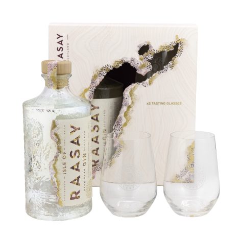 Isle of Raasay Gin Gift Pack: a premium Scottish gin set with branded glasses, perfect for gifting.