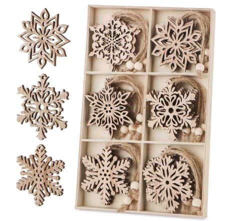 Rustic Christmas Tree Decorations: 24 Wooden Snowflakes with Strings for Festive Art and Crafts.