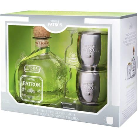 Gift set of Patron Silver Tequila with 2 mule mugs – the perfect premium tequila experience!