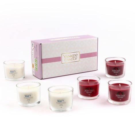 Yankee Candle Gift Set: 6 Black Cherry and Clean Cotton scented soy blend votive candles.