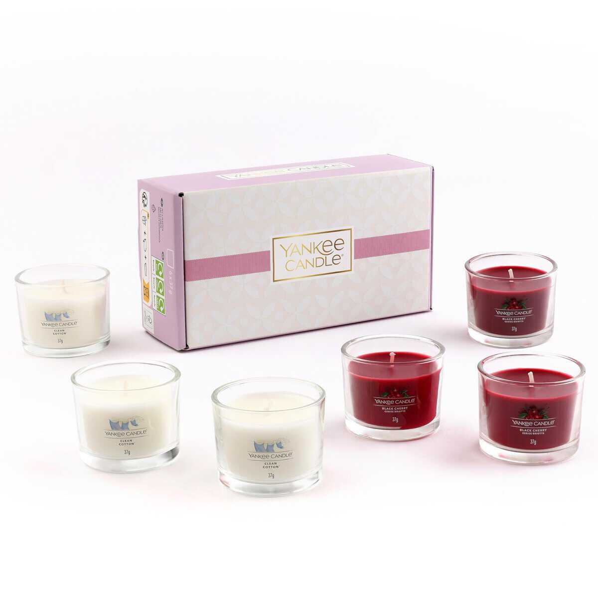 Yankee Candle Scented Candles Gift Set Black Cherry and Clean Cotton Filled Votive Candles Soy Blend Wax Mix 6 count