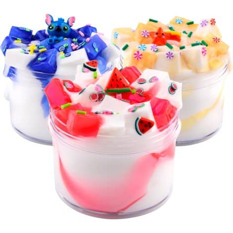 Three 100ml packs of non-sticky, scented, milky slime – perfect as party favors or Christmas stocking gifts.