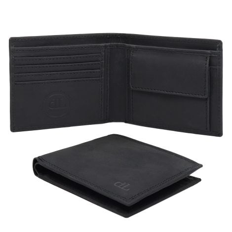 deLausier La Première | Stylish, handmade slim wallet for men in fine leather, has RFID blocking, coin pocket, and 7 card slots. Comes in a sleek wooden gift box. (Black)