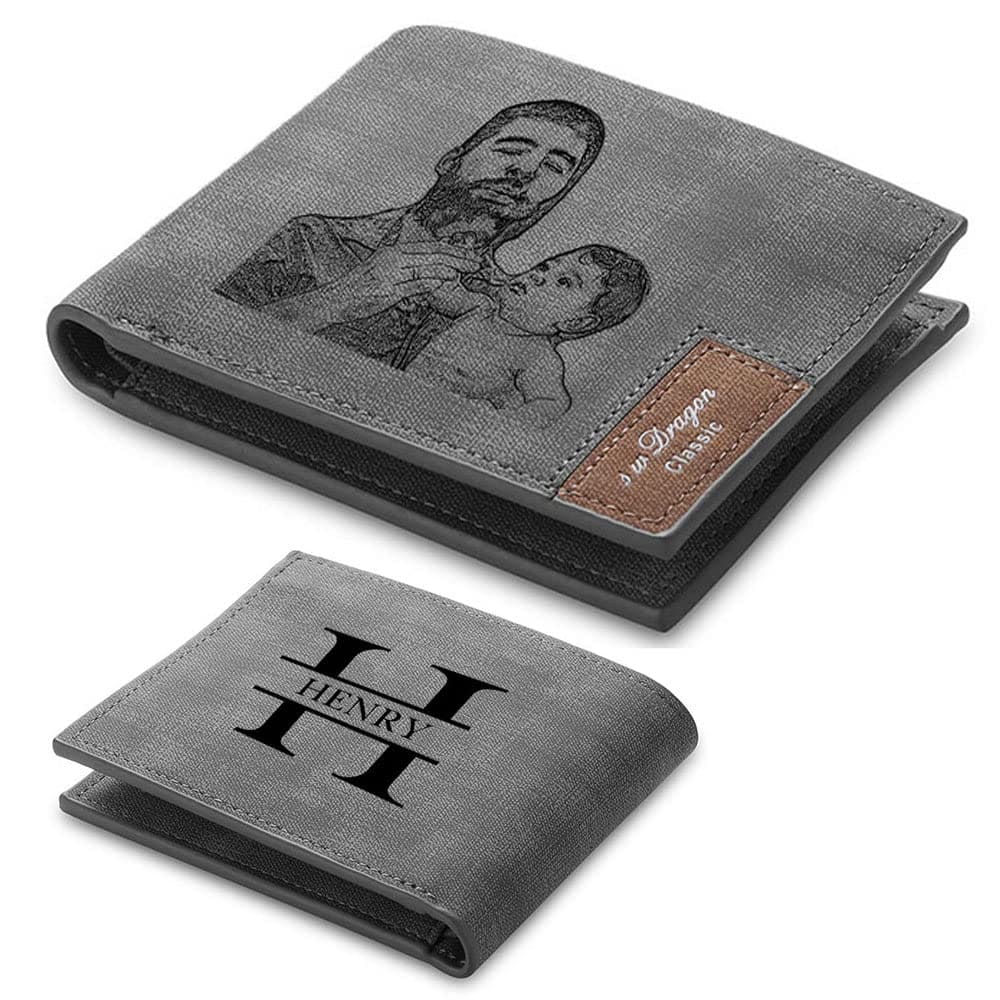 Rolaonly Custom Men's Gray Wallet with Name Photo Engraved PU Leather Personalised Wallet Gifts for Dad and Son, Father's Day/Christmas Day/Birthday