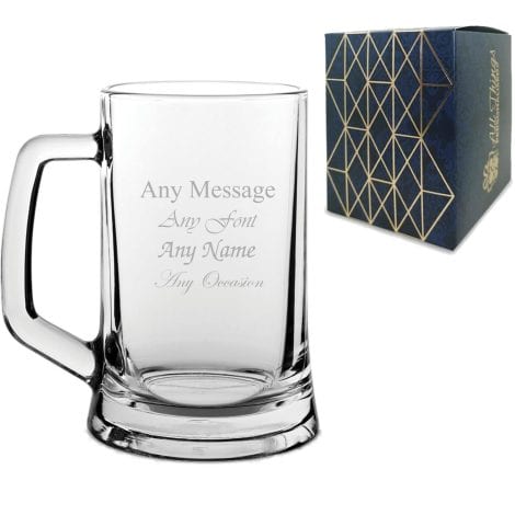 Custom Engraved Beer Tankard: Add any message, pick from various fonts. Great for special events, with a gift box. Perfect for weddings, birthdays, or as a special gift for godfathers and ushers.