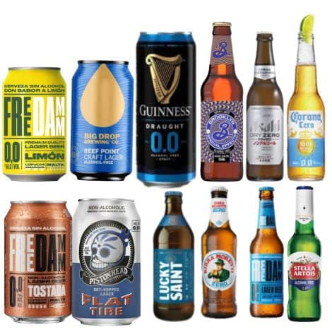 Bundle of 12 alcohol-free beers, including popular brands like Guinness 0, Stella, Unltd, Moetti & Free damm. Trustworthy Alcohol Free Co.