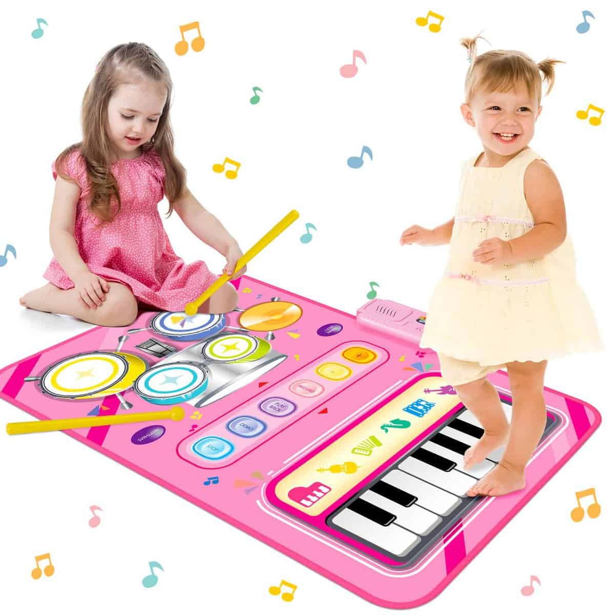 HahaGift 2 in 1 Musical Mat for 1 2 Year Old Girl Gifts, Piano Keyboard & Drum Mat with 2 Sticks for Toddlers Age 1-2, Baby Learning Toys for 1 Year Old Birthday Gifts for 1 2 3 Year Old Girls Present