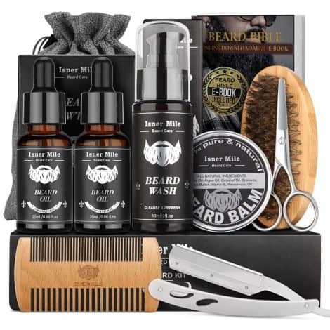 Complete beard care set for men, ideal Father’s Day present for any British dad, including shampoo, oil, balm, and grooming tools.