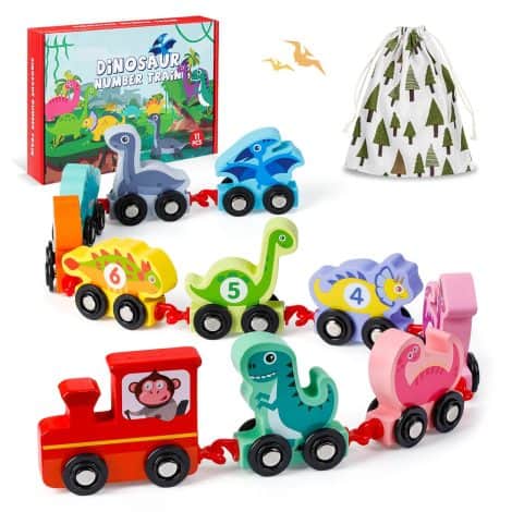 Wooden Dinosaur Train Set for Toddlers: Fun and educational Montessori toy for boys and girls aged 2-5.