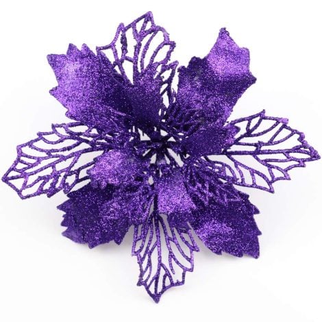 Sofecto 12 Pack Sparkly Poinsettia Flowers – Festive Artificial Decorations for Christmas Trees, 16cm Diameter (purple)