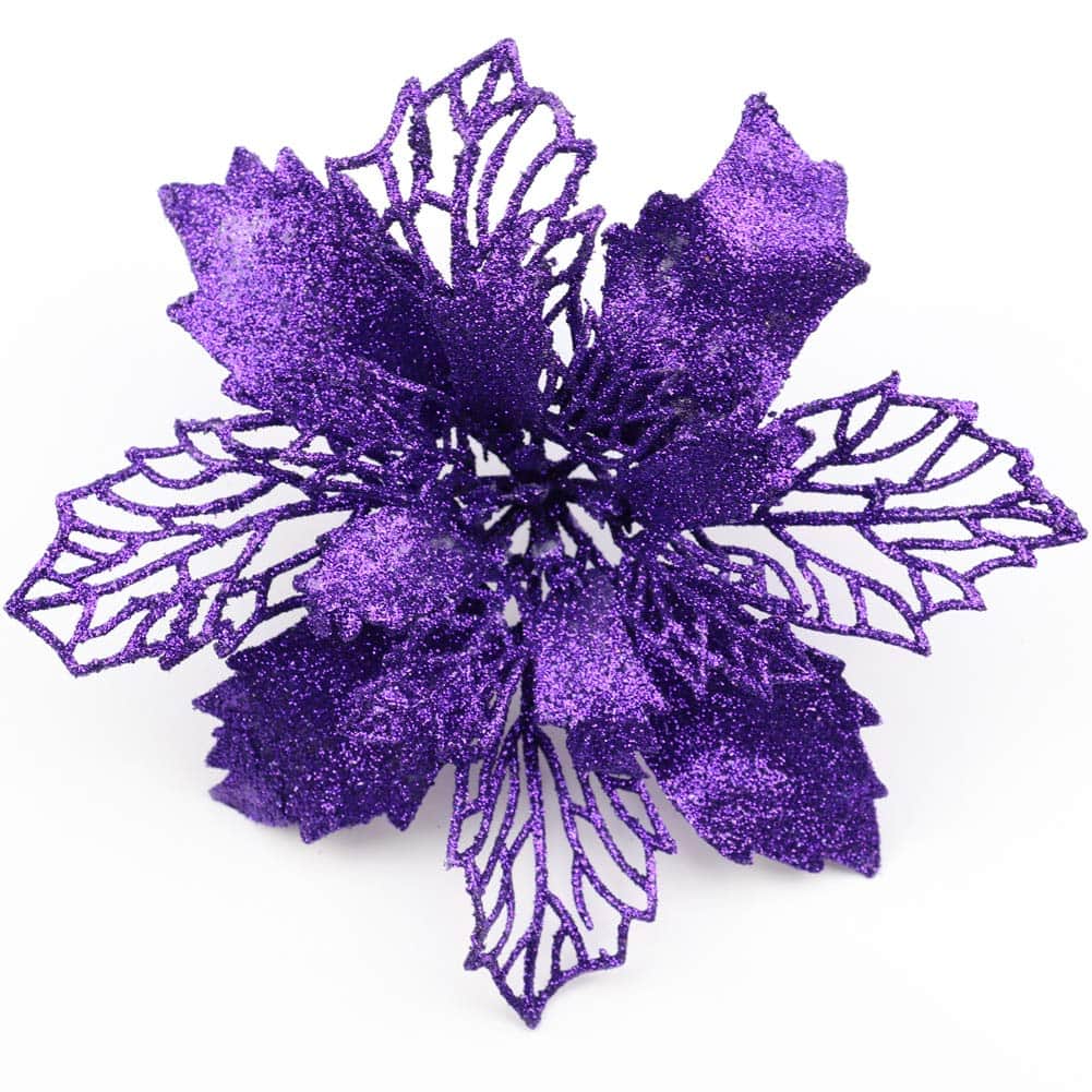 Sofecto 12 Pack Christmas Glitter Poinsettia Flowers Artificial Flower Christmas Tree Decorations and Ornaments, 16cm Diameter (purple)