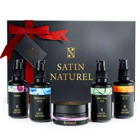 Ultimate Christmas gift set for women with Hyaluronic Acid Serum, Vitamin C Serum, Aloe Vera Gel, Argan Oil, and Moisturizer.