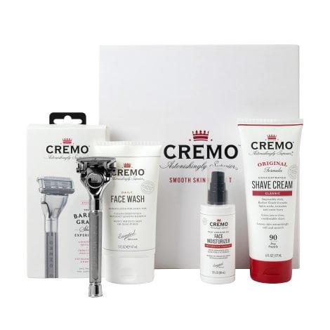 CREMO Men’s Skin Care Gift Set: Includes Face Wash, Razor, Shaving Cream, and Moisturizer. Perfect for grooming.