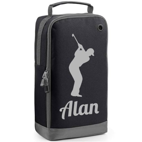 Customised Golf Shoe Bag in Black with a Golf Design – Personalised with your Name. Perfect Golf Gift.