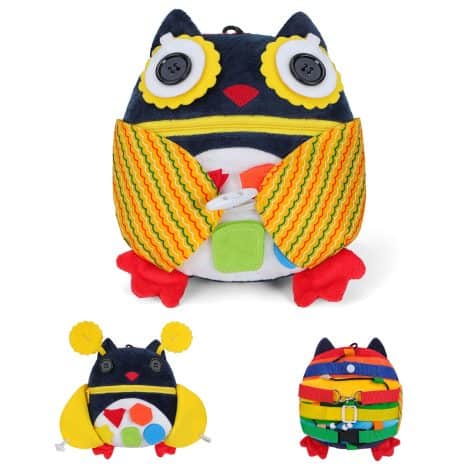 “Owl Plush Busy Board: Engaging sensory toy for babies & toddlers, perfect for travel and learning.”