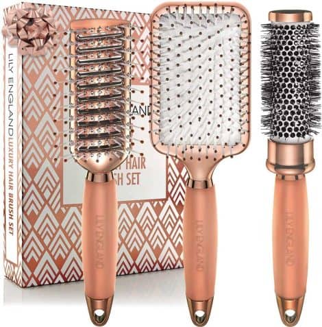 Lily England’s Deluxe Rose Gold Hairbrush Set to easily detangle, blow dry, and style all hair types.