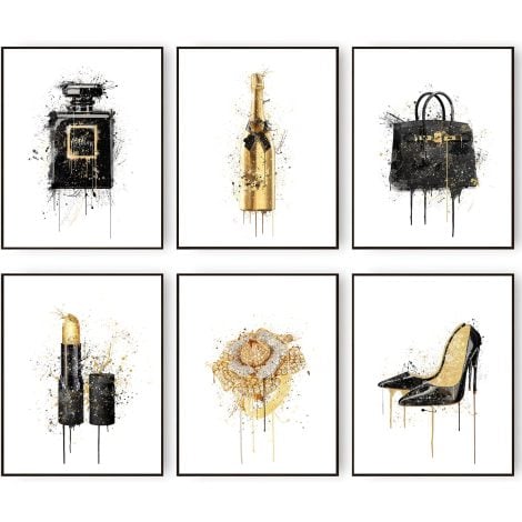 Stylish and feminine wall art prints of a gold champagne black perfume bottle, lipstick, and high heel. (8″x10″ size, no frame included)