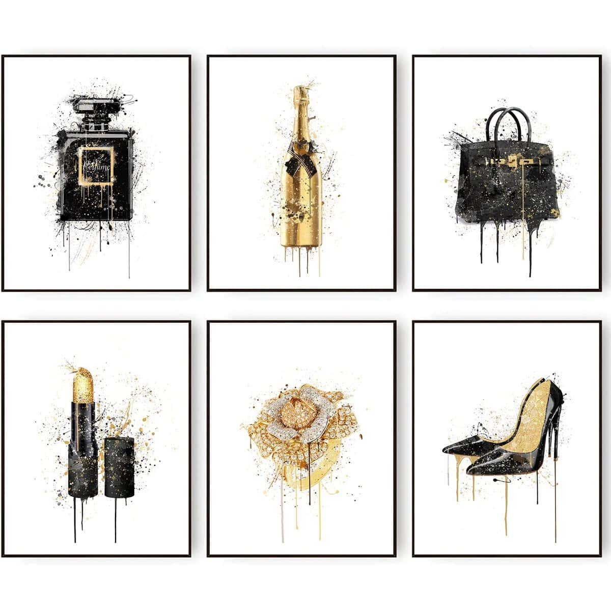 HOGEBIG Fashion Art Watercolour Splash Gold Champagne Black Perfume Bottle Lipstick High Heel Wall Art Prints Posters Girly Room Decor Bedroom Wall Decor (8"x10" UNFRAMED)