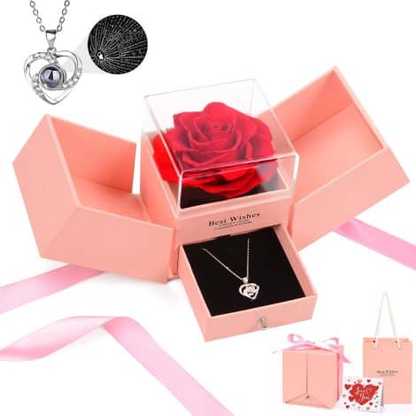 Preserved rose gifts with “I Love You” necklace in 100 languages for her – perfect for special occasions.