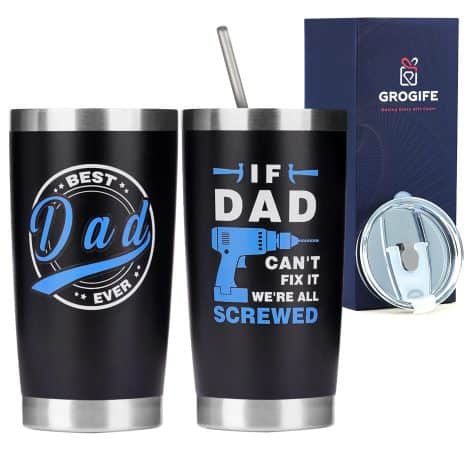 Grogife’s Best Dad Ever Tumbler: Perfect British gift for dad, funny, and practical coffee cup for travel.