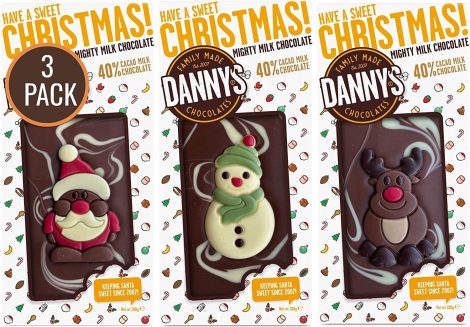 Danny’s Christmas Chocolate Gift Box – 3 indulgent 100g Christmas chocolate bars with Santa, Snowmen, and Reindeer. Ideal stocking fillers.