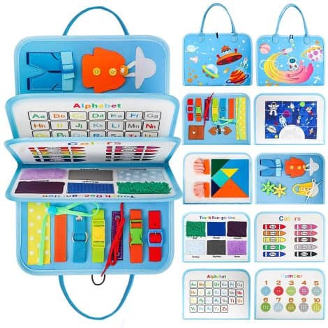 “Blue LOYO Busy Board: Montessori-inspired learning toys for boys and girls aged 1-3, perfect for travel.”