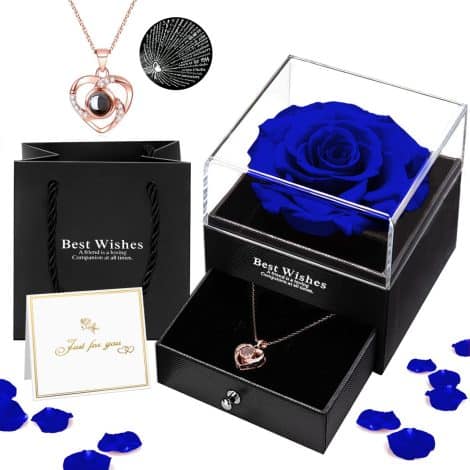 Boxed Eternal Rose with “I Love You” Necklace – Perfect Valentine’s, Anniversary, Birthday or Christmas gift for her.