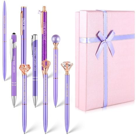 9 Piece Ballpoint Pen Set, Purple Aluminium Pens with Crown Diamond Heart Star Design, Perfect Gift for Women.