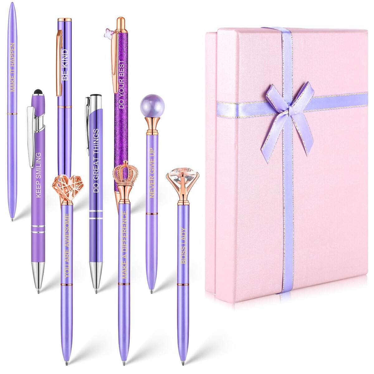 9 Pcs Ballpoint Pens, Pens for Women Gift Box Purple Metal Aluminum Rod with Crown Diamond Heart Star Decorate Retractable Ballpoint Pen for Students Teachers Ladies Nurses