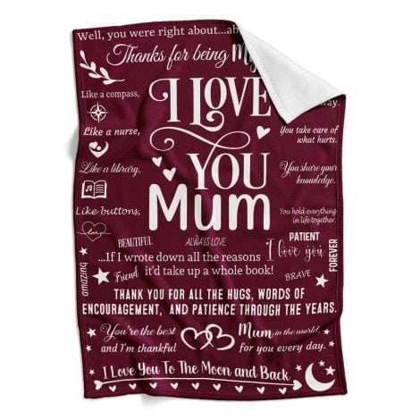 Christmas Gifts for Mum from Daughter and Son, I Love You Mum Blankets, Warm and Snug Throws, 130cm x 180cm.