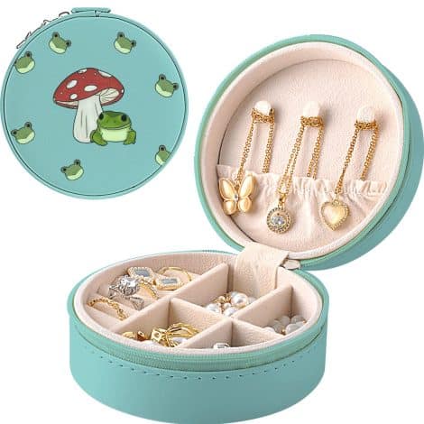 Compact travel jewellery box with adorable frog and mushroom design, perfect for keeping your accessories safe. Ideal gift.