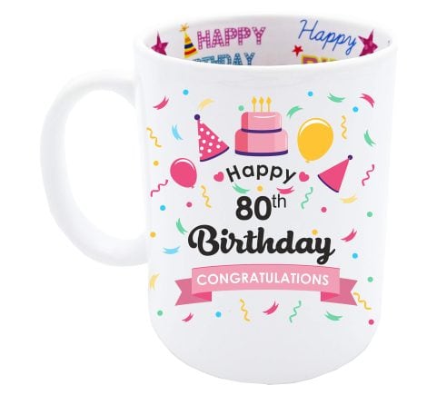 Pink Happy Birthday Design Coffee Mug Keepsake for Women, the ideal 80th birthday gift from Mainly Mugs.