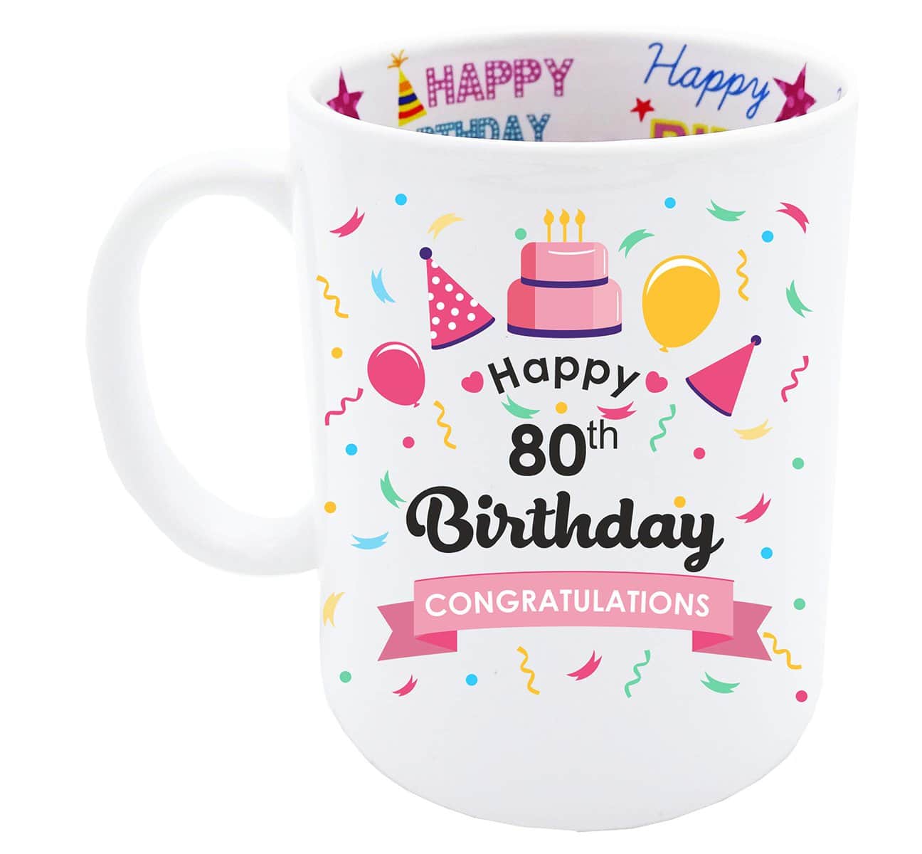 Mainly Mugs 80th Birthday Gift Keepsake for Women Pink Happy Birthday Design also with Print Inside Coffee Mug