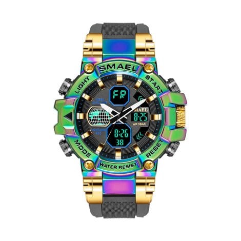 SMAEL Men’s Sporty Watch with Dual Dial, LED Backlight, Water Resistance and Calendar for Outdoor Enthusiasts.