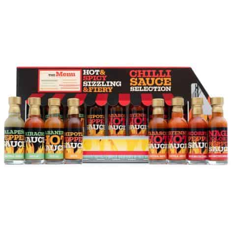 Spicy Sauce Selection – 8 Different Hot Sauces for Him, Including Sriracha, Tabasco, Naga, and more. Ideal Foodie Gift.