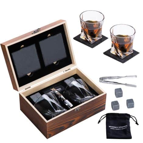 Whiskey Rocks and Glass Set for Him – 8 Whisky Chilling Stones, 2 Twist Glasses in Wooden Box – Ideal Gift for Dad or Boyfriend.