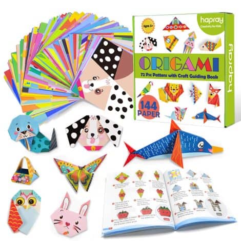 hapray Origami Kit for Children aged 6 to 12, including a guidebook, 144 paper sheets with 72 designs. Perfect gift for kids, both boys and girls, for crafty projects.