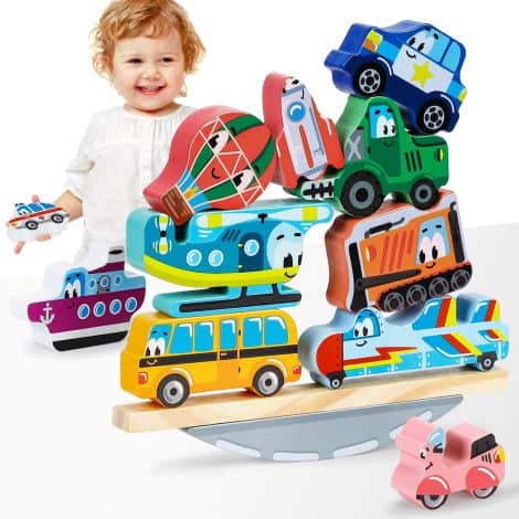 LULULIA Wood Toys for 1 Year Old Girls and Boys: Stacking Cars, Montessori Building Blocks, Sensory Gifts! Perfect 1st/2nd Birthday!