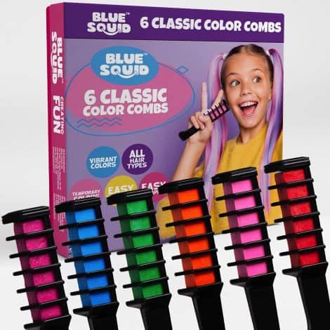 Blue Squid Hair Chalk for Girls – 6 colored combs, fun temporary hair color for kids. Washable dye, ideal girl gifts.