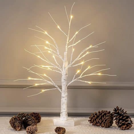 White Christmas Decorative Trees with 24 Warm White LEDs – Battery Operated Lighted Birch Tree, perfect for festive celebrations.