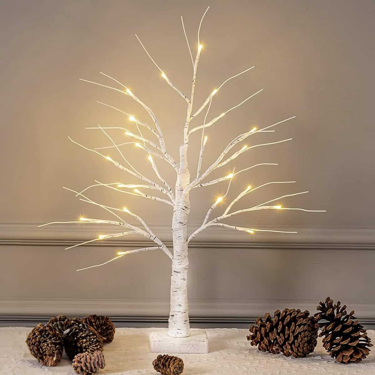 Festive Fix White Christmas Decorative Trees with 24 Warm White LEDs – Battery Operated Lighted Birch Tree for Wedding Centrepieces or Tabletop Decoration | Ornamented Twig Trees for Festival Parties