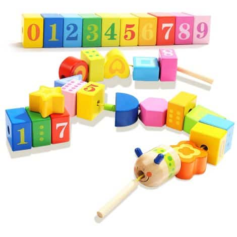 Wooden Lacing Beads and String, a Montessori toy for 2-year-old girls and boys, by TOP BRIGHT.