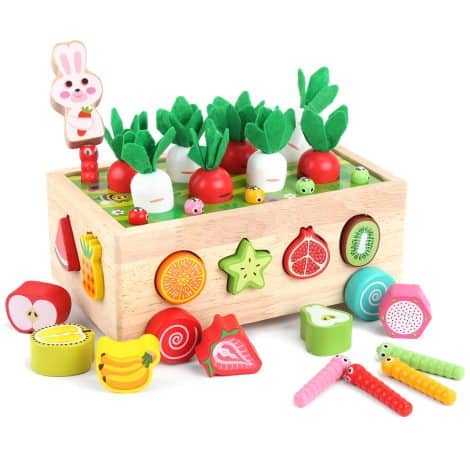 Wooden learning toys for young children to develop motor skills and learn through Montessori-inspired play.