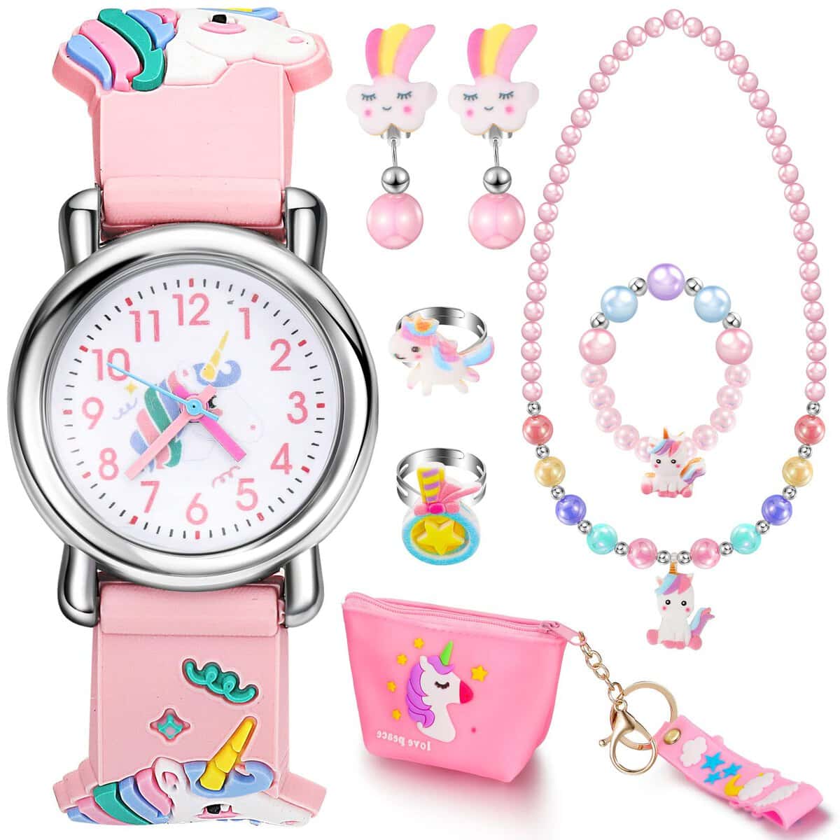 Jadive Set of 3 Little Girls Unicorn Gifts Include Unicorn Wrist Watch, Kids Jewellery Sets (Necklace Bracelet Rings Earrings), Girls Handbag Return Gifts for Birthday Party Christmas