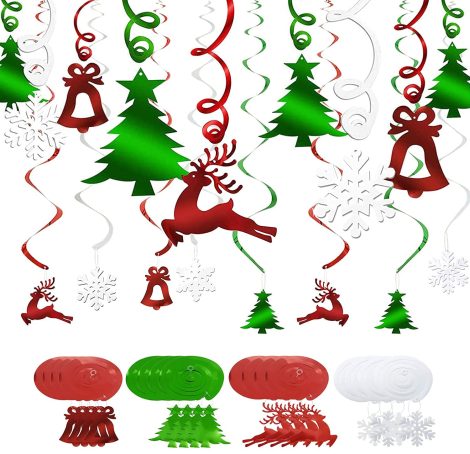 30 Christmas festive ornaments for indoor decorations including hanging swirls, tree, bell, reindeer, and snowflakes. Perfect for parties!