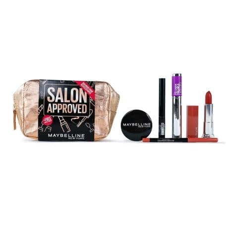 Maybelline Makeup Bundle, Professional Salon-Endorsed: Lash Enhancing Mascara, Long-Lasting Eyeliner, Lipstick, and Lip Liner Set For Women.